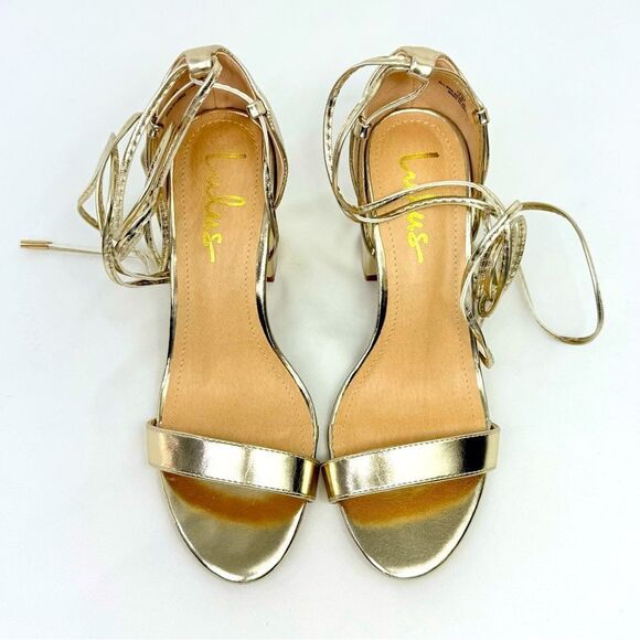 Lulus KAIRA Metallic Gold Open Toe Cord Wrap Ankle Tie Block Heel Sandals - Picture 7 of 16